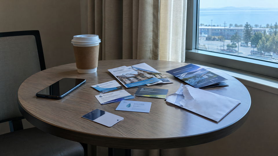 A motel table in morning light with a phone, a coffee cup, restoration company flyers, business cards, and an envelope.