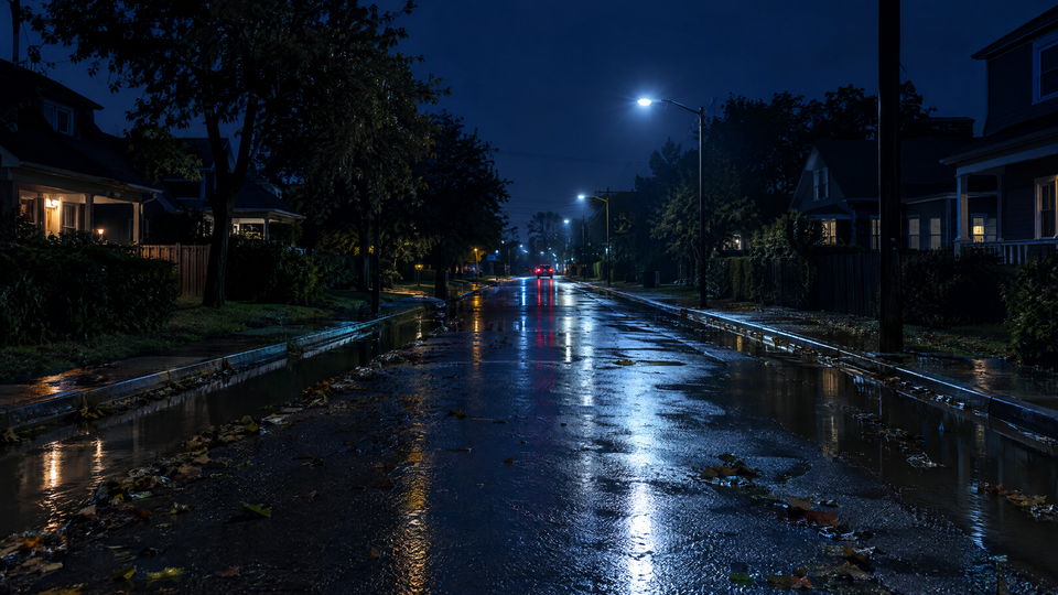 An empty flooded street at two in the morning, water pooled along the gutters and tail lights leaving in the distance.