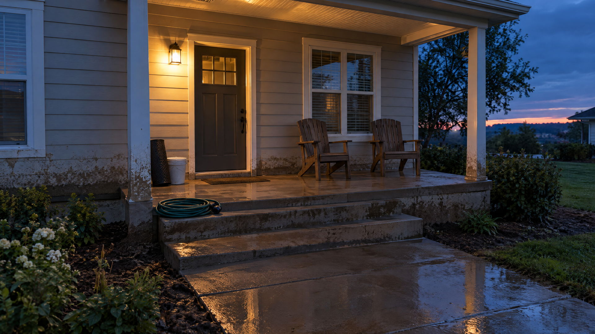 A front porch at dusk with the light on, two empty chairs, and a damp walk still shining after cleanup.
