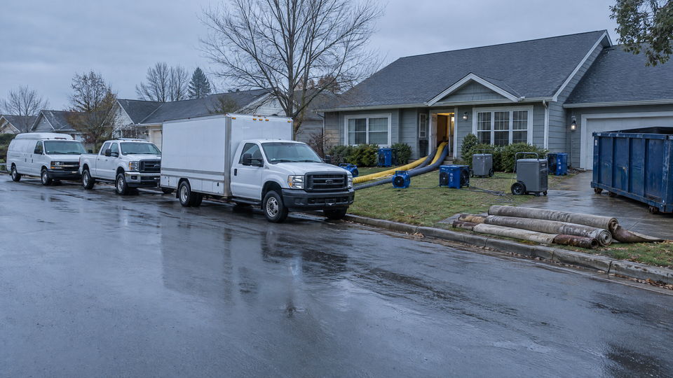 Work trucks parked outside a house in the early morning, with drying fans on the lawn, rolled-up wet carpet at the curb, and a dumpster in the driveway.
